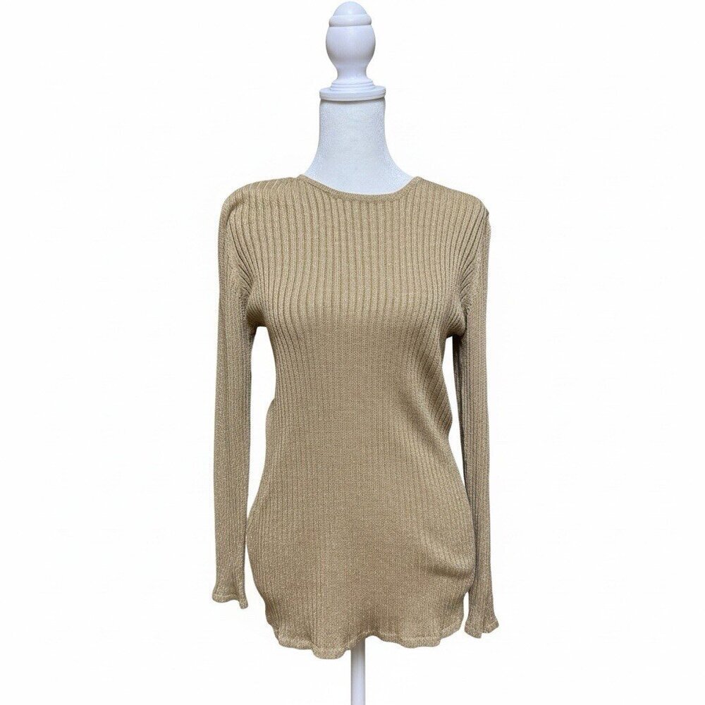 Saks Fifth Ave Silk Blend Gold Ribbed Tunic Sweater Women’s S Shimmer